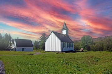 Church and colorful sunset Thingvellir National Park
