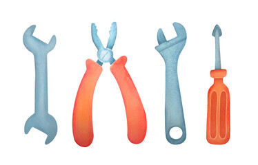 adjustable metal wrench, pliers, hammer with red handle set isolated on transparent background. building tools collection repair watercolor illustration. toy clip art and cut out element design