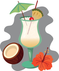 Pina Colada cocktail with coconut, pineapple and hibiscus — tropical vector illustration