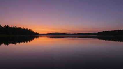 Serene lake reflects vibrant sunset sky with distant stars and silhouetted trees