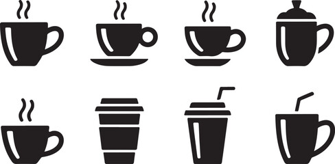 Coffee and Tea Cup Silhouettes Vector Set – Hot and Cold Drink Icons with Lids, Handles, and Straws