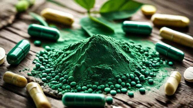 video of fresh spirulina powder and its derived supplements displayed on a wooden surface, showcasing this nutrient-dense superfood known for boosting immunity, energy, and overall health