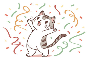 Cute cat celebrating with colorful streamers and confetti