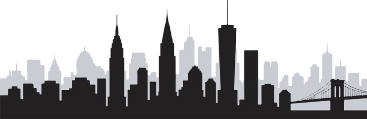 Fototapeta premium New York City Skyline Silhouette Vector – Iconic Manhattan Buildings and Bridge in Urban Cityscape Design