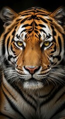 Fototapeta premium Closeup Portrait of a Tiger Orange Black Stripes Fur Intense Gaze Wildlife Animal