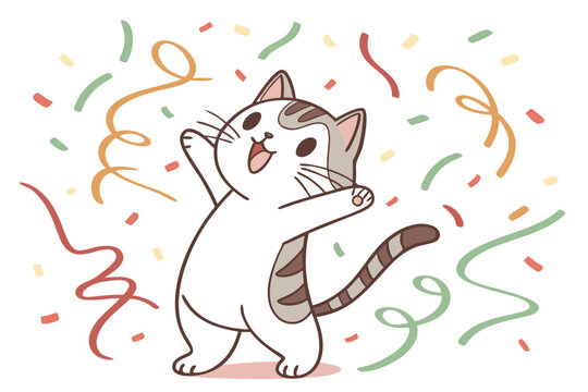 Cute cat celebrating with colorful streamers and confetti