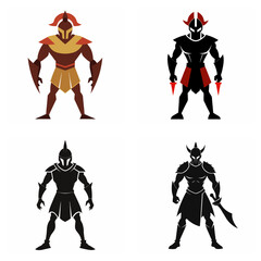 Fototapeta premium Four warrior figures in stylized armor on white background soldier helmet