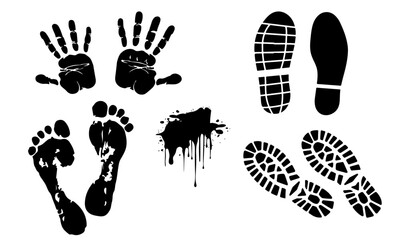 Handprint, Footprint, and Shoe prints stock illustration with black ink on white background in vector style
