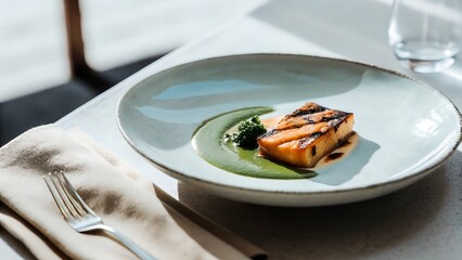 Seared Salmon on Green Sauce with Herb Garnish and Rustic Tableware