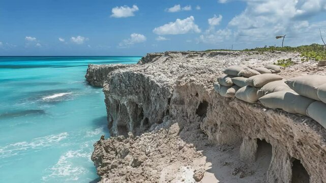 A scenic rocky shore with sandbags overlooking beautiful blue waters.