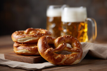 close-up of fresh pretzels and beer mugs on wooden table, Oktoberfest vibe, 