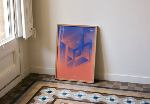Mockup Of Vertical Customized Framed Poster On Tiled Floor