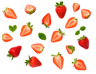  Scattered Whole and Halved Strawberries with Leafy Tops, Artistic Layout on White Background