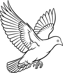 Obraz premium A detailed line drawing of a dove soaring gracefully, with its wings fully extended. This illustration captures the essence of freedom and serenity, making it perfect for projects focused on themes of