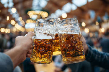 friends clinking beer mugs in rustic Oktoberfest tent, warm lighting, happy celebration, 