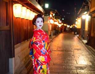 Fototapeta premium A captivating moment as a Kyoto geisha turns gracefully in the street, her gaze meeting the camera with quiet confidence