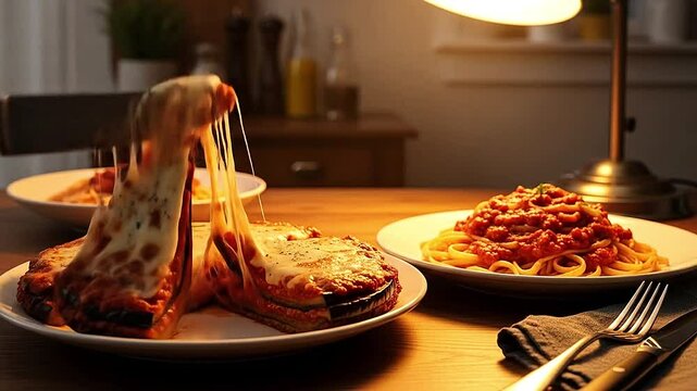 Fresh eggplant parmigiana being cut and served with side of pasta