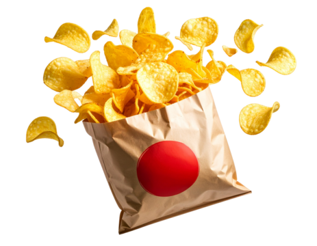 Tilted Chip Bag with Flying Chips and Floating Red Label, Dynamic Action Shot, Transparent Background