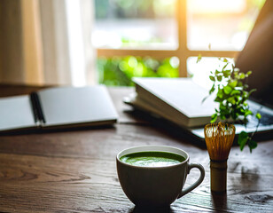 A serene top-down view of a bohemian-style desk featuring a warm matcha tea setup.
