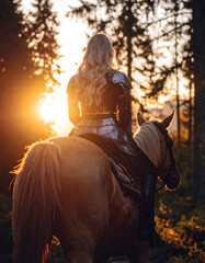 A lone warrior rides alongside a loyal steed, venturing into the depths of a mysterious forest