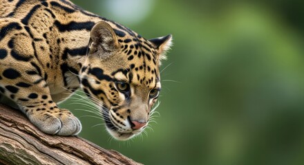 Clouded Leopard Closeup on Tree Branch Brown Tan Black Spots Green Background Wildlife Animal Portrait