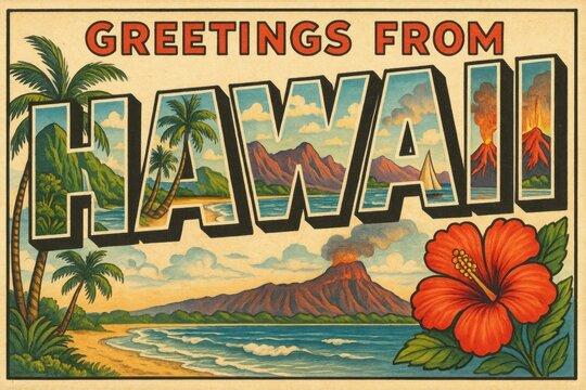 Fototapeta Vintage Hawaii postcard illustration.