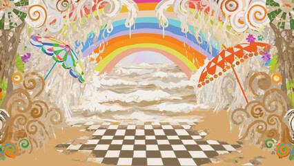 A whimsical beach scene with umbrellas, a rainbow, and a checkered floor leading to the ocean view