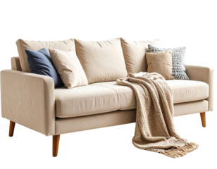  Angled View of Beige Sectional with Throw Blanket and Accent Pillow, Cozy Styling, Transparent Background