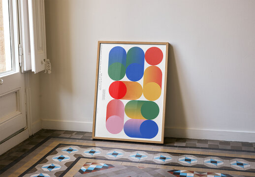 Mockup Of Vertical Customizable Framed Poster On Floor Tiles