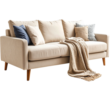  Angled View of Beige Sectional with Throw Blanket and Accent Pillow, Cozy Styling, Transparent Background