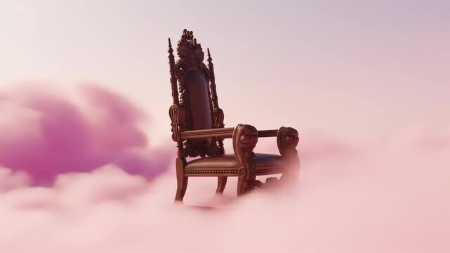 Ornate Wooden Throne Floating Above Pink Clouds