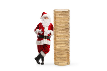 Santa claus leaning on a pile of coins