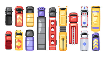 City vehicles top view set with truck, cargo lorry, fire engine, ambulance, fuel tanker, bus © wooster