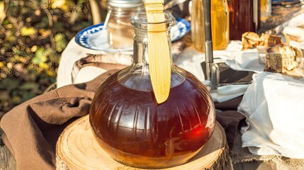 Obraz premium Autumnal outdoor market, large glass decanter, honey tasting, rustic setting