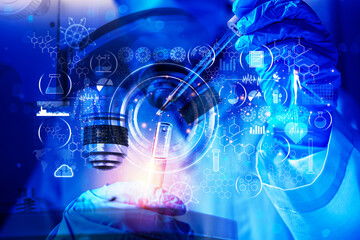 Naklejka premium Futuristic laboratory research with digital science icons and scientist working on biotechnology innovation concept