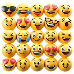 Fototapeta premium An array of diverse smiley faces and emoji icons exhibits various human emotions on a transparent background, expressing happiness.