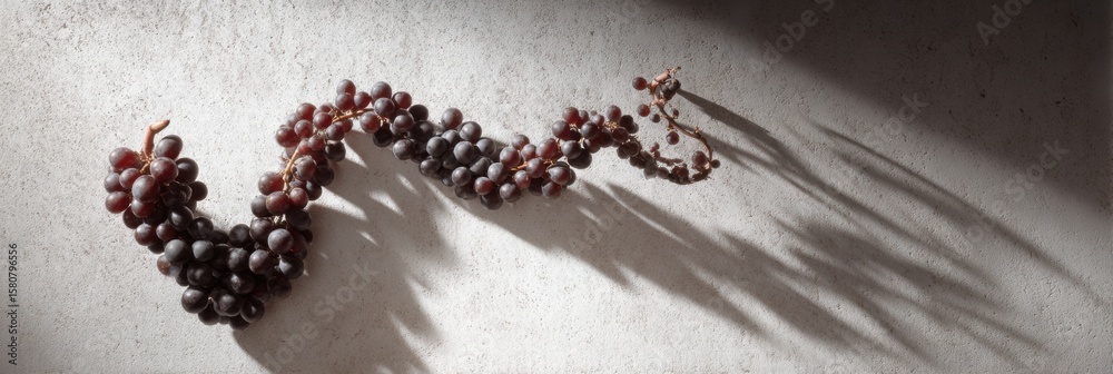 Poster grapes creating an abstract spiral pattern with shadow play against a textured background in soft li
