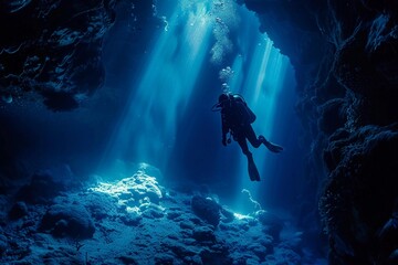 Diver exploring an underwater cave with beams of sunlight illuminating the ocean floor in a serene underwater setting