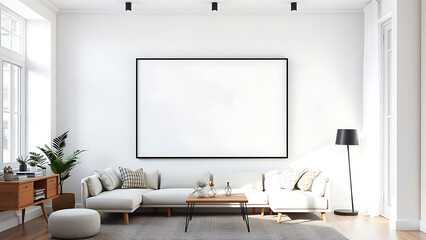 Blank mock up poster frame in modern interior background living room Scandinavian style 3D render 3D