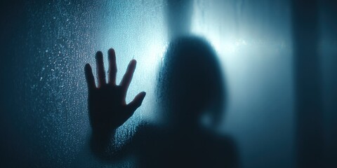 Shadows of Silence. The invisible reach of captivity. The blurred silhouette of a hand reaching from behind, with only its outline visible against the light background. Concept of human trafficking