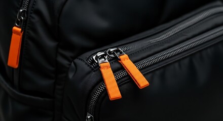 Closeup of a black backpack with orange zipper pulls