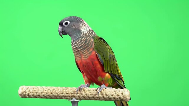 Vibrant Green-Cheeked Conure Parrot Perched on Rope Stand Against a Bright Green Screen Background, Ready for Compositing and Design Projects