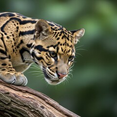 Naklejka premium Clouded Leopard Closeup on Tree Branch Brown and Tan Fur Green Background Wildlife Animal Portrait