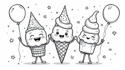 Coloring , three cute ice cream cones with smiling faces, wearing party hats. Balloons and stars surround them