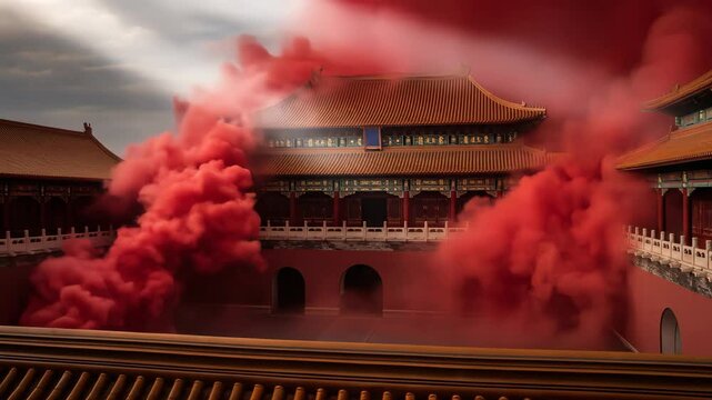 Red Smoke Enveloping Ancient Chinese Palace Courtyard