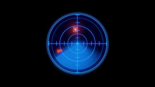 Animated target detection and data visualization. Futuristic radar screen detecting targets and displaying information on black background. Futuristic scanning radar.