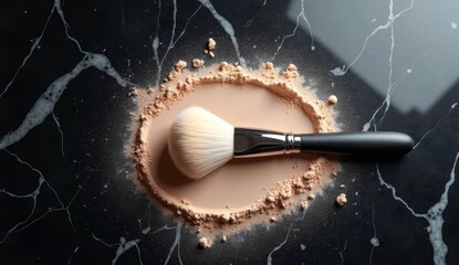 Close-up of a makeup brush on dark marble with loose powder. Soft bristles touch the texture, perfect for beauty blogs, cosmetics ads, self-care content, and makeup visuals