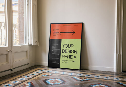 Mockup Of Vertical Customizable Poster In Frame On Floor