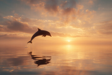Fototapeta premium A dolphin leaps from the ocean at sunset, its form silhouetted against the golden, cloudy sky.