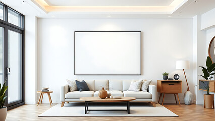 Blank mock up poster frame in modern interior background living room Scandinavian style 3D render 3D